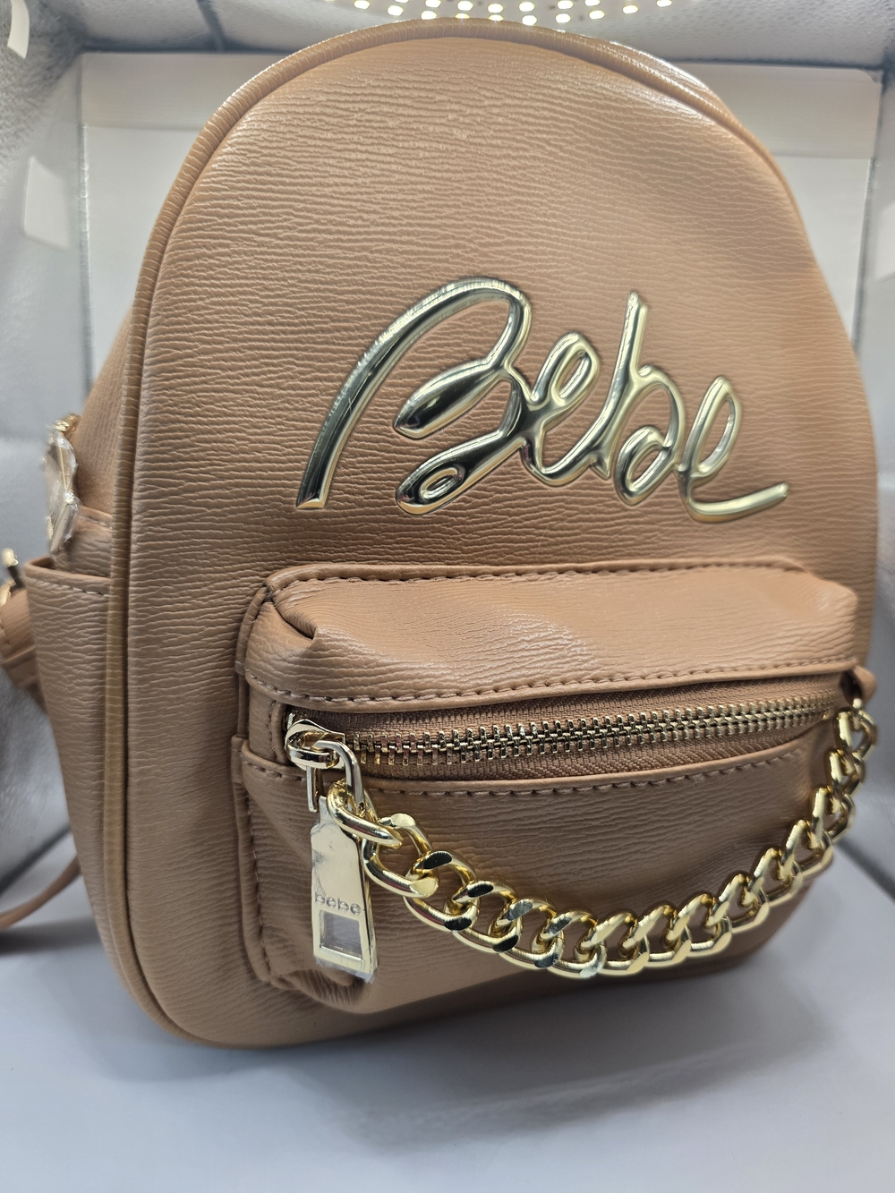 NWT - Bebe Gianna Tan Mini Backpack with Gold Chain